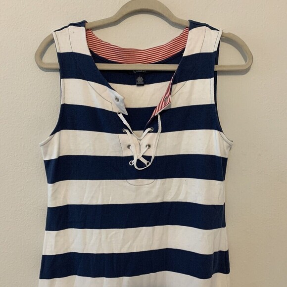 CHAPS Womens Size Medium Nautical Blue White Stripe Sleeveless Flutter Hem Dress - Picture 2 of 6
